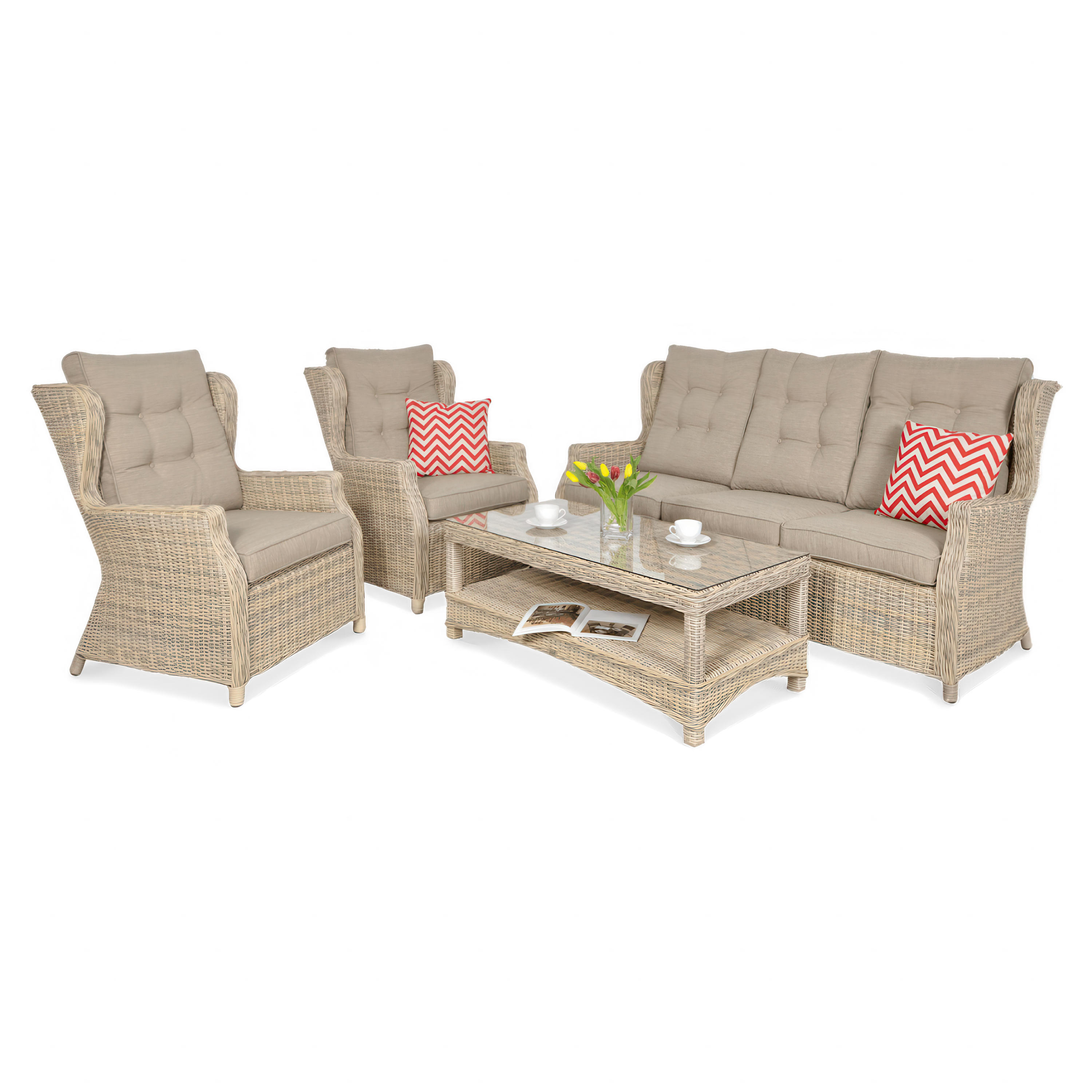 Stylowy zestaw technorattanowy TRIVENTO 3 Beige z sofą, dwoma fotelami i stolikiem kawowym
