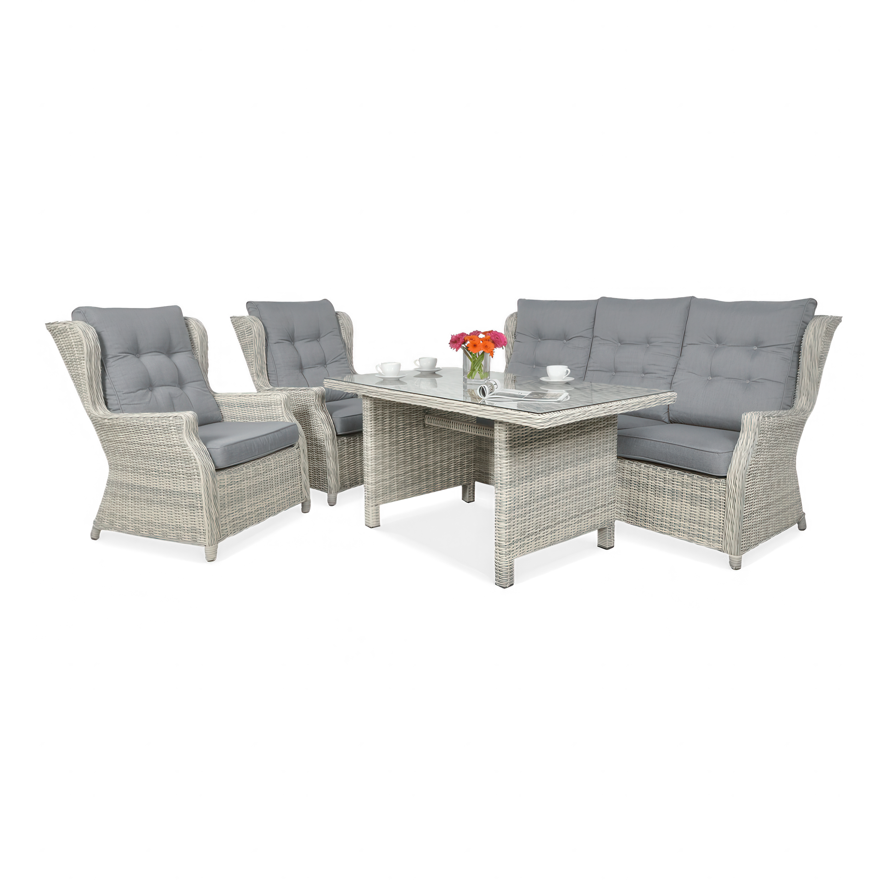 Zestaw ogrodowy technorattanowy TRIVENTO DINING 3 White Grey z jaśkami i stołem ze szklanym blatem