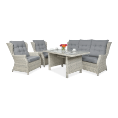Zestaw ogrodowy technorattanowy TRIVENTO DINING 3 White Grey z jaśkami i stołem ze szklanym blatem