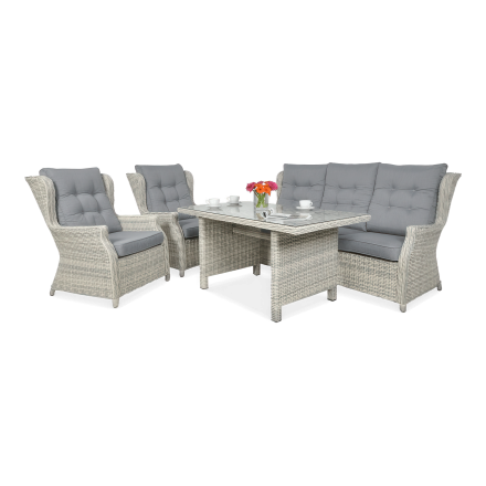 Zestaw ogrodowy technorattanowy TRIVENTO DINING 3 White Grey z jaśkami i stołem ze szklanym blatem