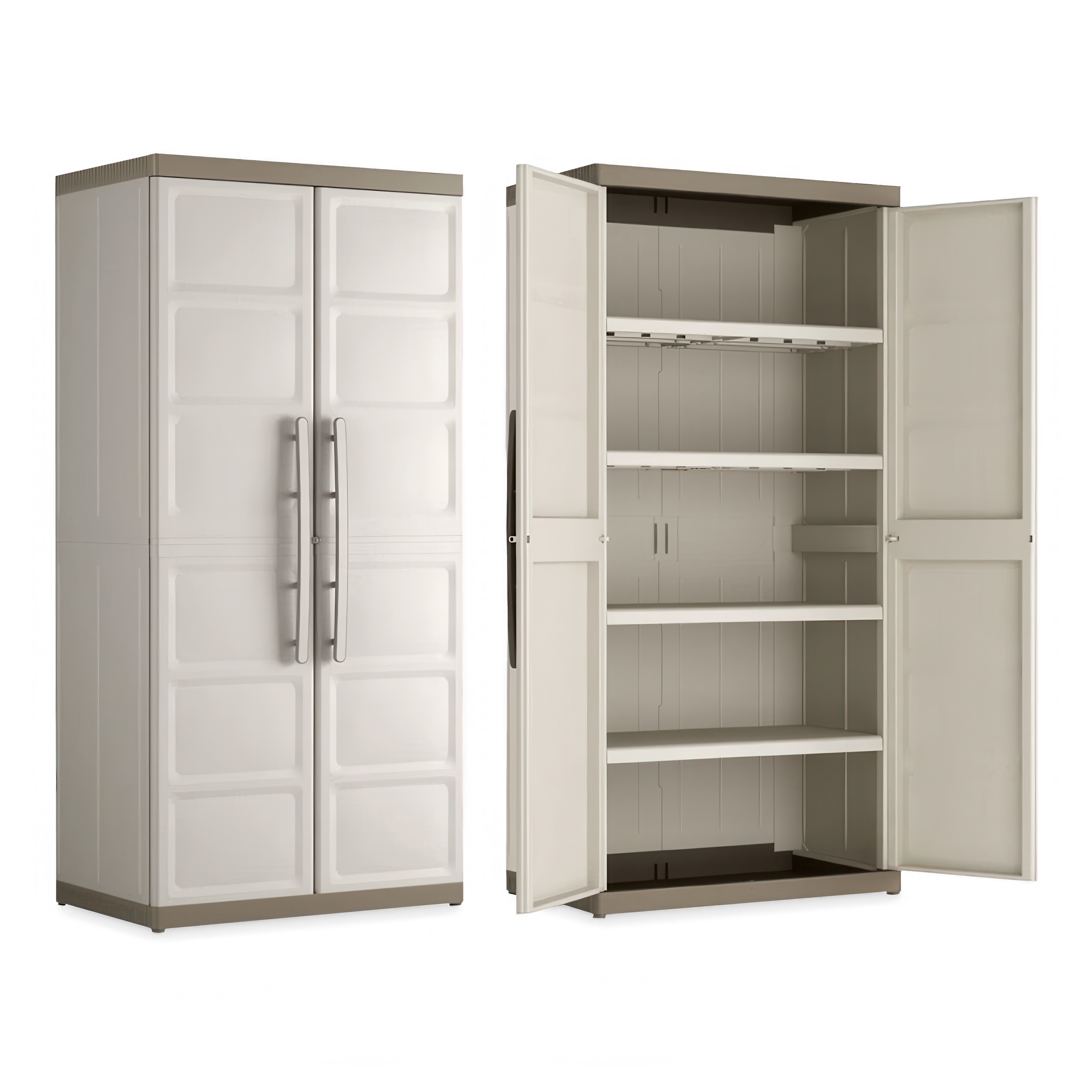 Biało-szara szafa Keter Excellence XL High Cabinet otwarta z półkami i pełnymi drzwiami