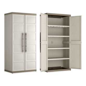 Biało-szara szafa Keter Excellence XL High Cabinet otwarta z półkami i pełnymi drzwiami
