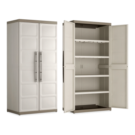 Biało-szara szafa Keter Excellence XL High Cabinet otwarta z półkami i pełnymi drzwiami