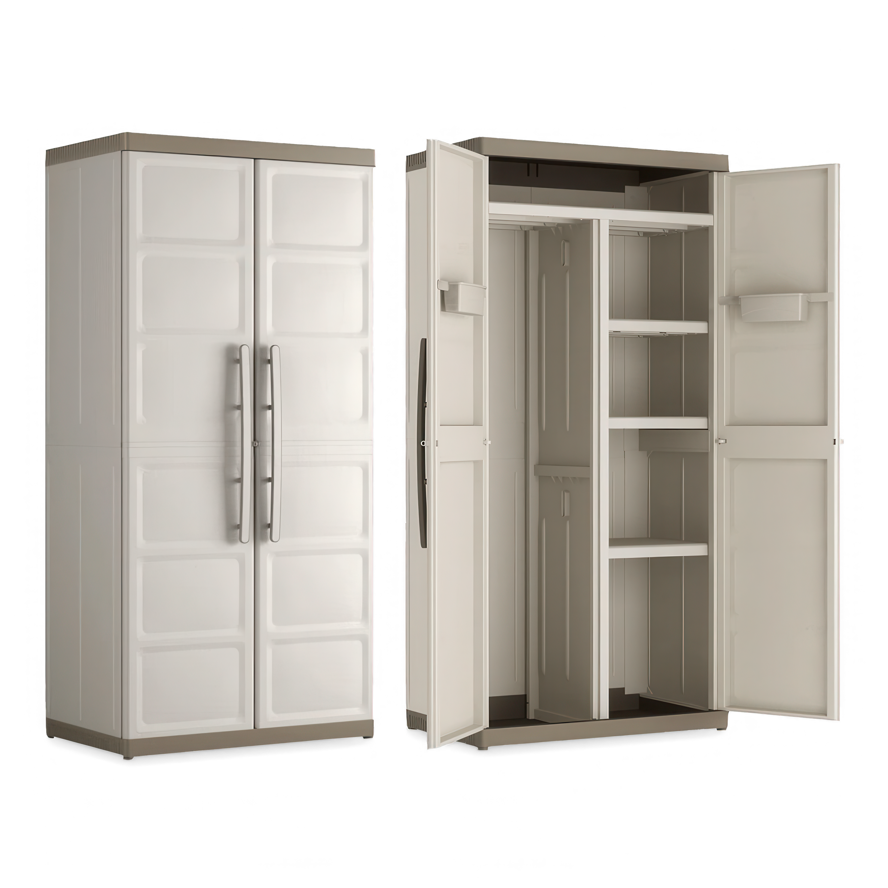 Szafa wielofunkcyjna Keter/Kis EXCELLENCE XL UTILITY CABINET w kolorze beżowym z otwartymi drzwiami i widocznymi półkami