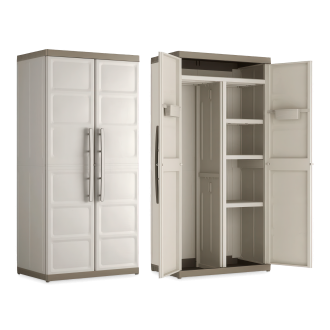 Szafa wielofunkcyjna Keter/Kis EXCELLENCE XL UTILITY CABINET w kolorze beżowym z otwartymi drzwiami i widocznymi półkami