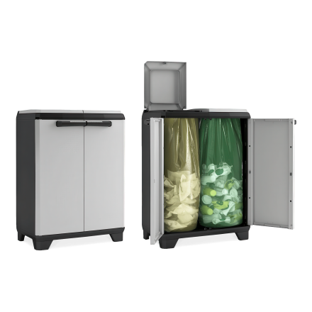 Pojemnik do recyklingu śmieci SPLIT PREMIUM CABINET - porównanie otwartych i zamkniętych drzwiczek