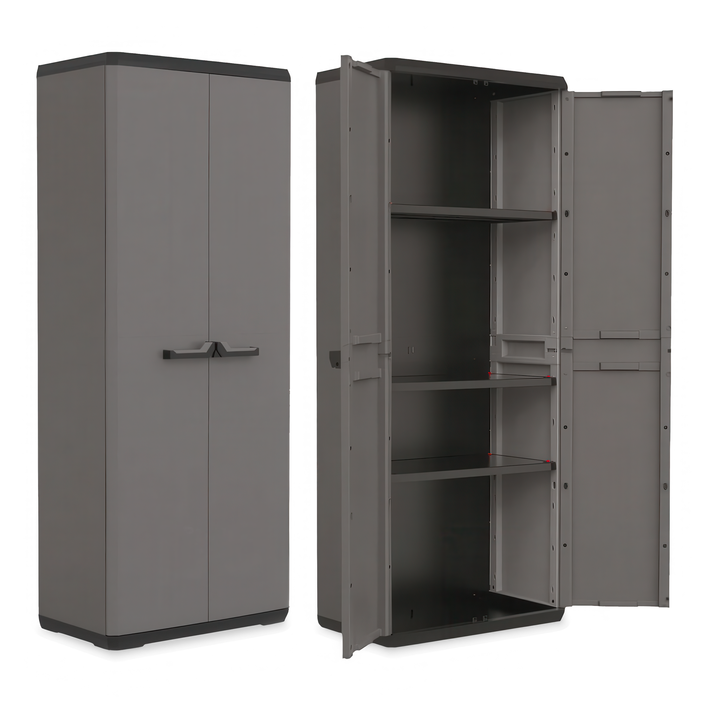 Szara szafa gospodarcza Keter PIU HIGH z otwartymi drzwiami i widocznymi półkami