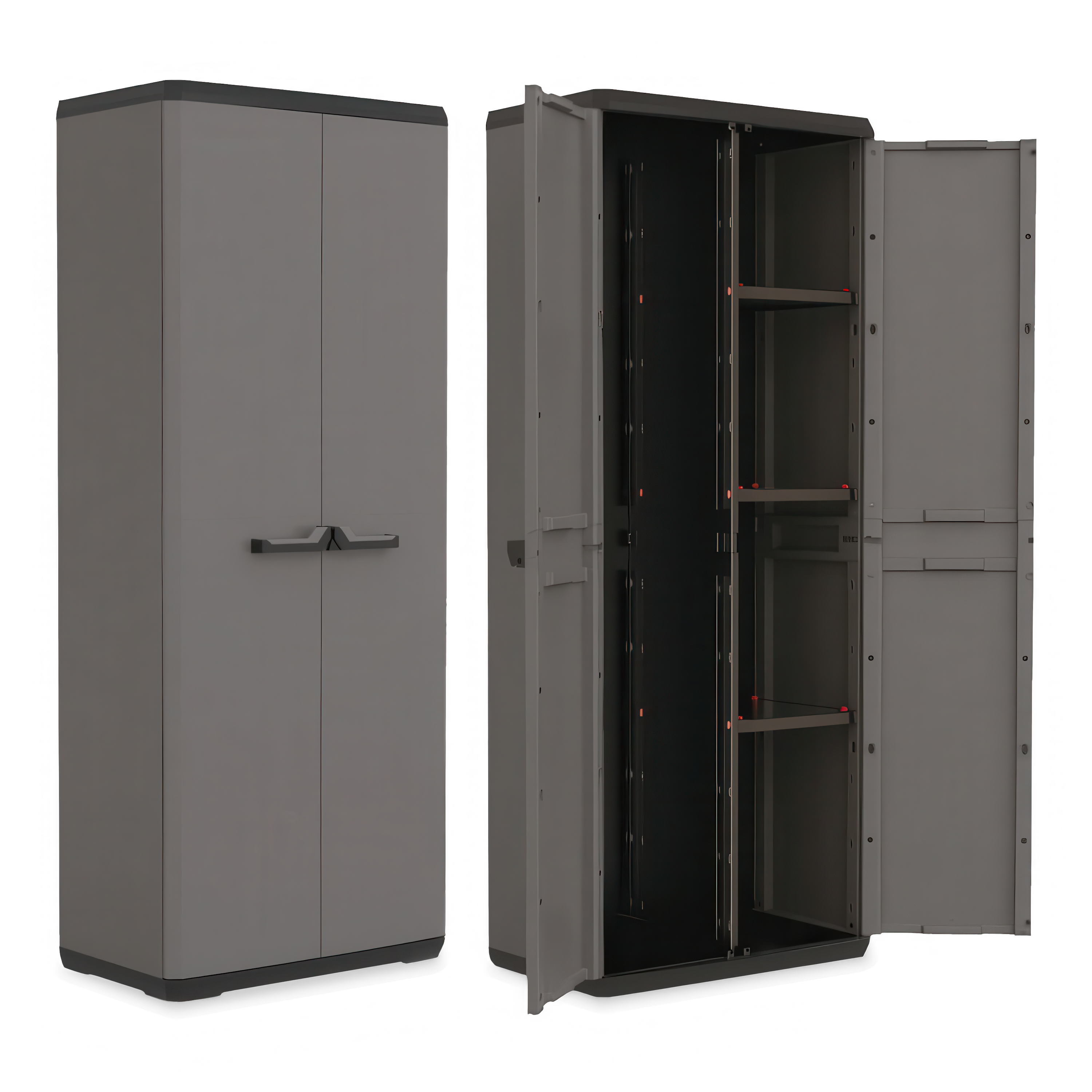 Szafa ogrodowa Keter PIU UTILITY CABINET szara uchylna z półkami i czarnym wnętrzem