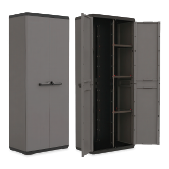 Szafa ogrodowa Keter PIU UTILITY CABINET szara uchylna z półkami i czarnym wnętrzem