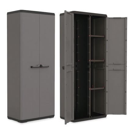 Szafa ogrodowa Keter PIU UTILITY CABINET szara uchylna z półkami i czarnym wnętrzem
