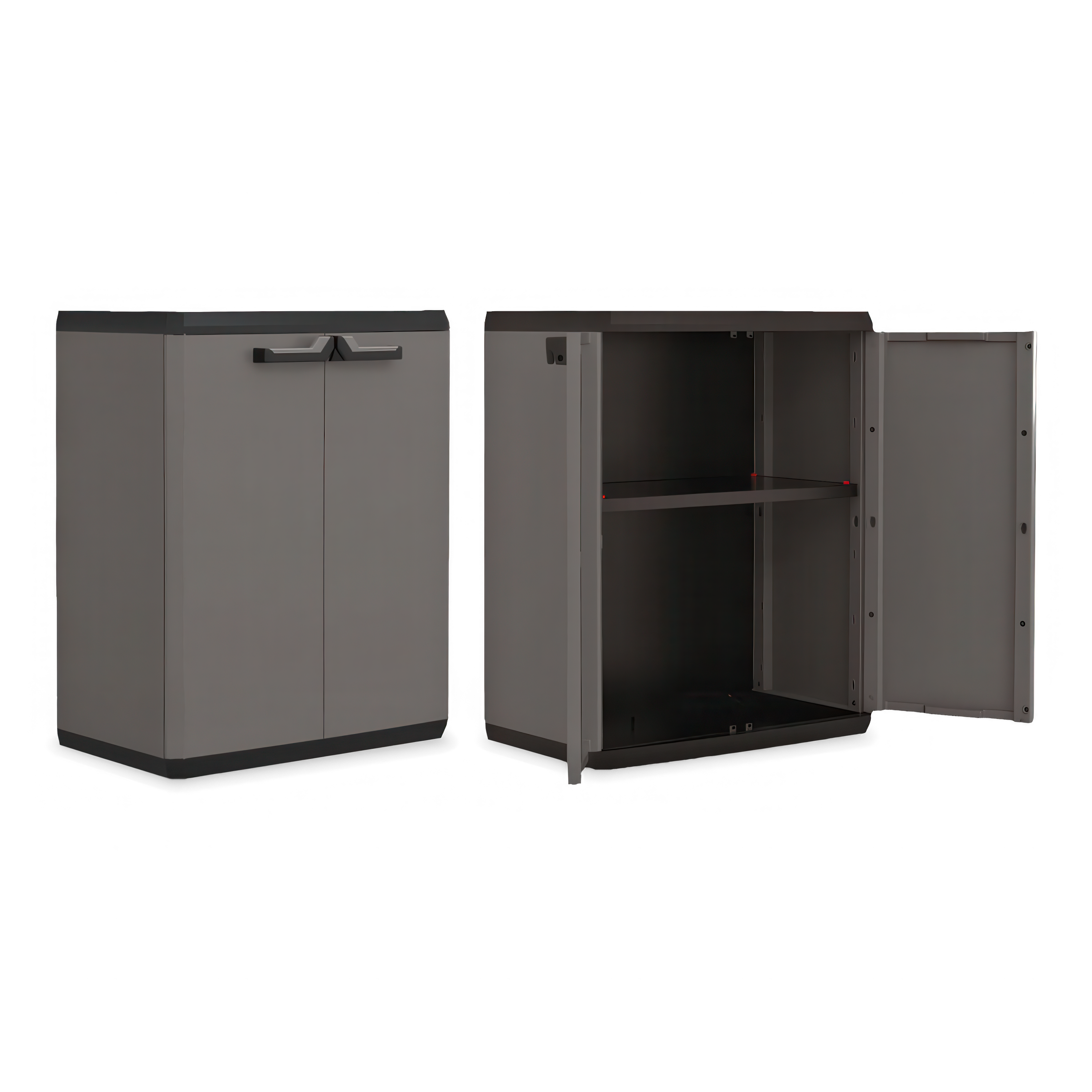 Szafka gospodarcza Keter Piu Low z otwartymi drzwiczkami i widoczną półką