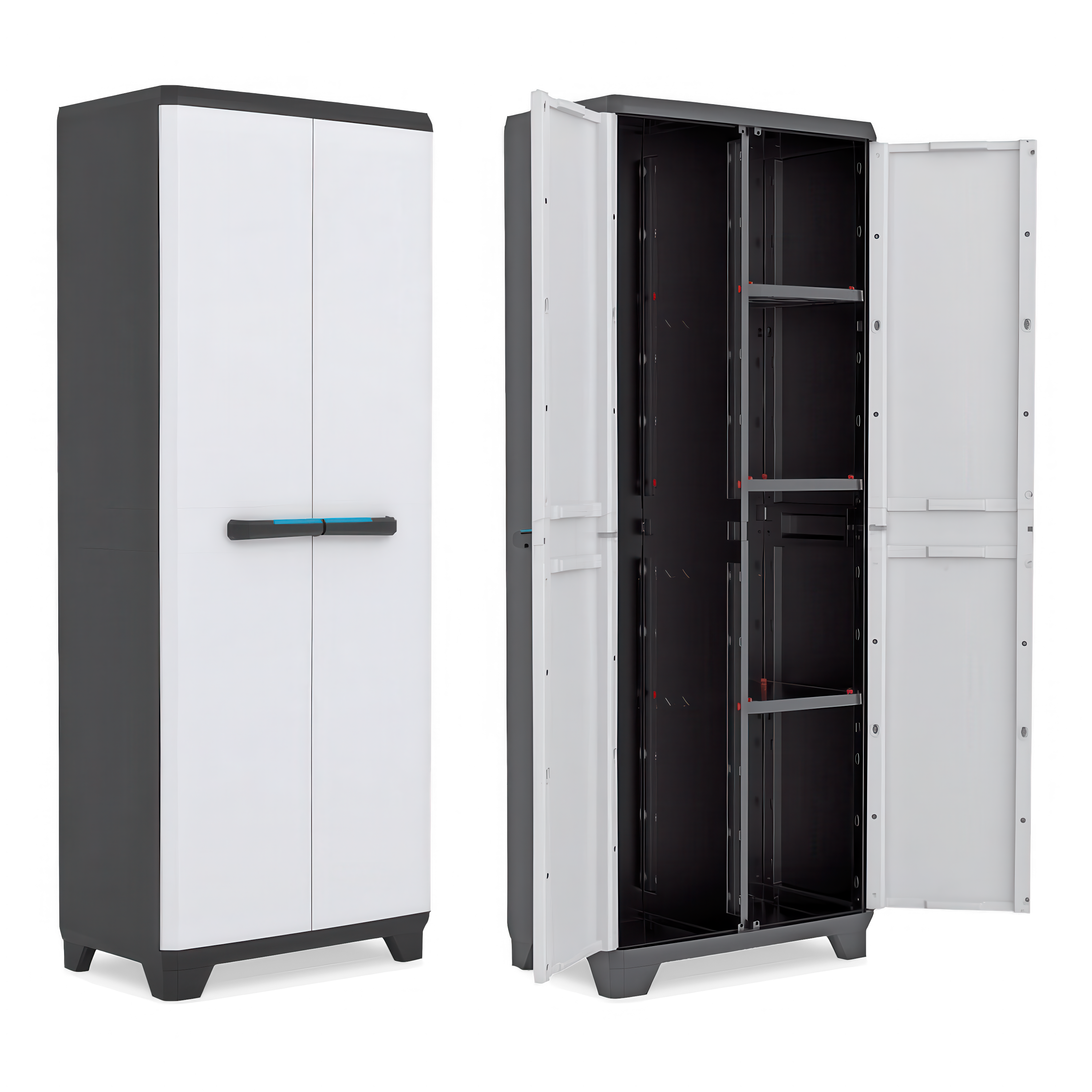 Szafa wielofunkcyjna Keter/Kis LINEAR UTILITY CABINET biało-szara z półkami i otwartymi drzwiami