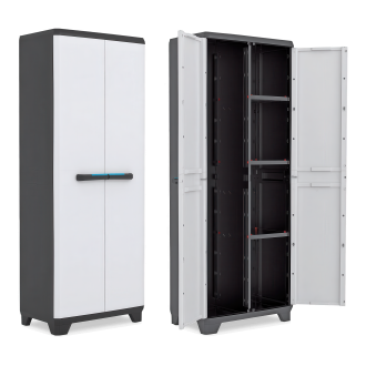 Szafa wielofunkcyjna Keter/Kis LINEAR UTILITY CABINET biało-szara z półkami i otwartymi drzwiami