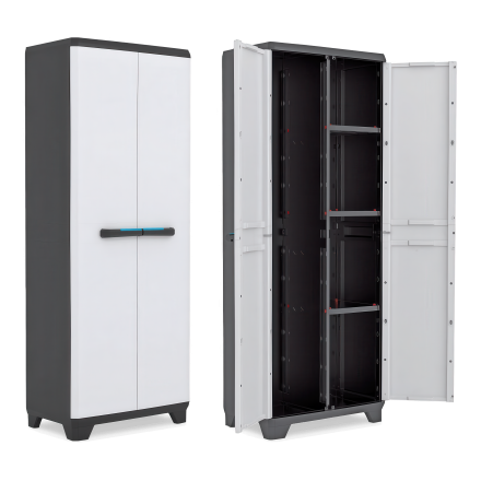 Szafa wielofunkcyjna Keter/Kis LINEAR UTILITY CABINET biało-szara z półkami i otwartymi drzwiami