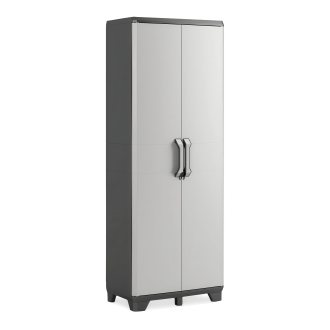 Szafa wielofunkcyjna Keter Gear Utility Cabinet w kolorze jasnoszarym z czarnymi uchwytami