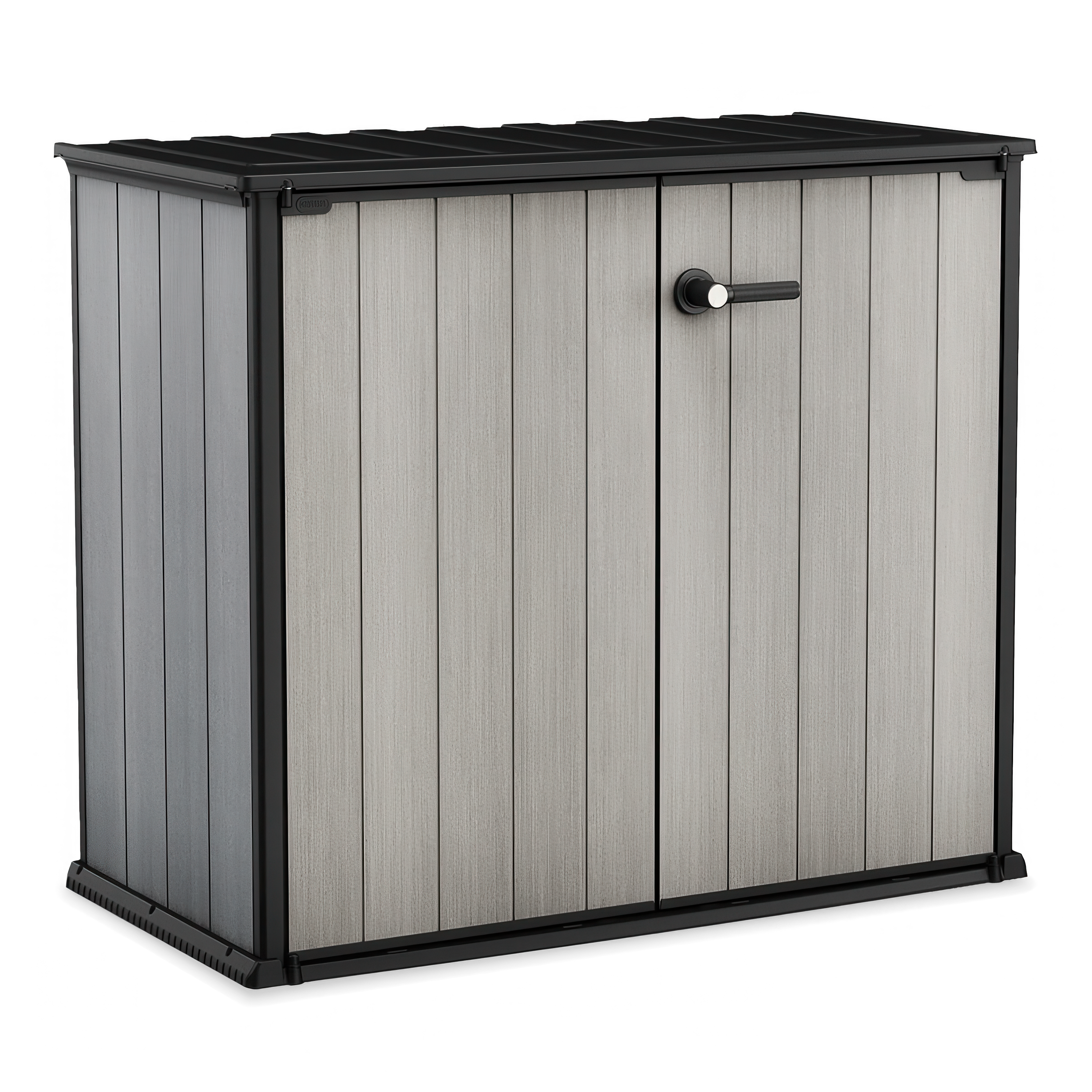Szafa schowek ogrodowy Keter PATIO STORE Graphite z drzwiami i uchwytem na tle czarnym