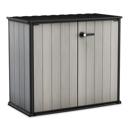 Szafa schowek ogrodowy Keter PATIO STORE Graphite z drzwiami i uchwytem na tle czarnym