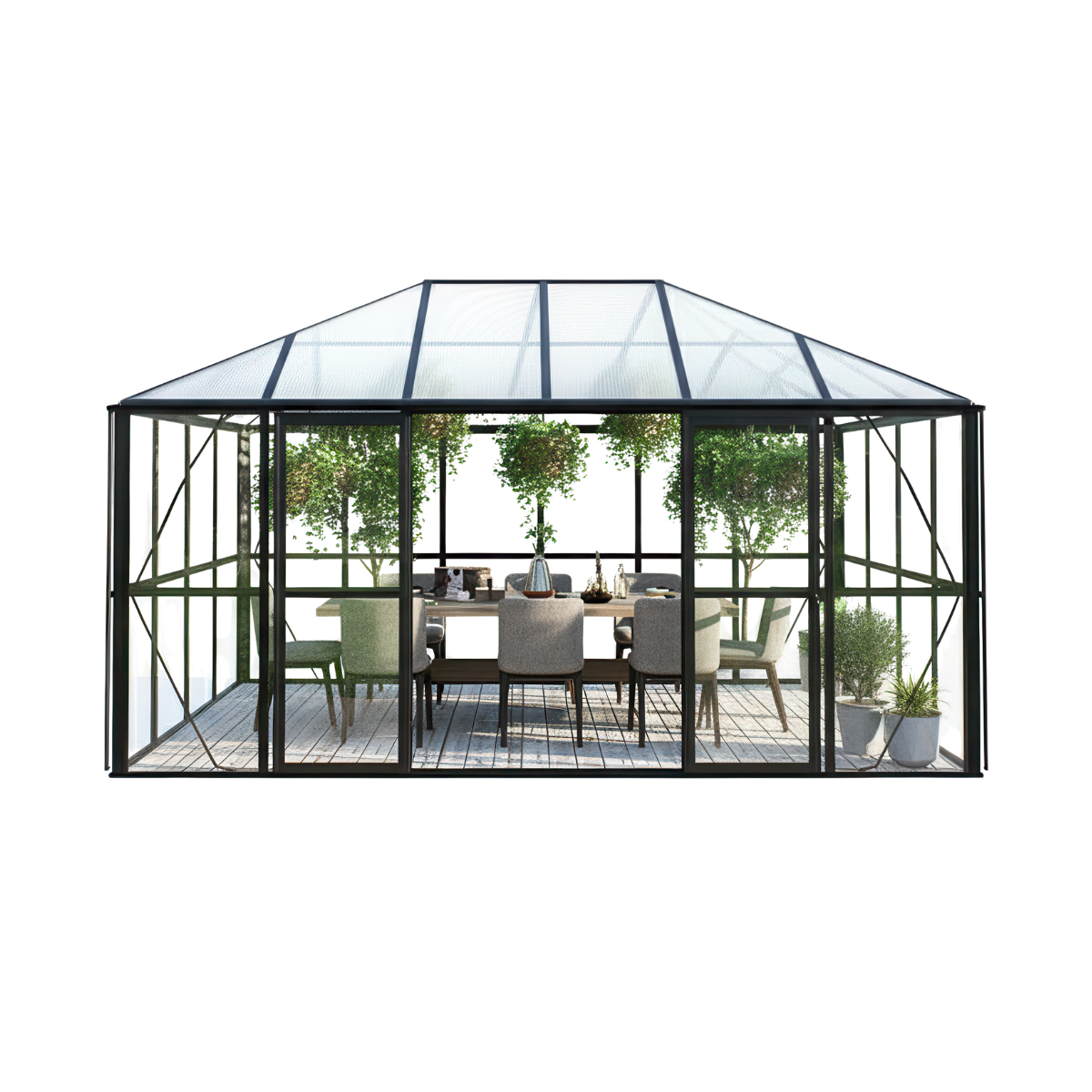 Ogr&oacute;d zimowy BROADWAY Black 436x295cm PC+ Glass - Gutroof - stojący w ogrodzie w pełnym słońcu, wśr&oacute;d zieleni 