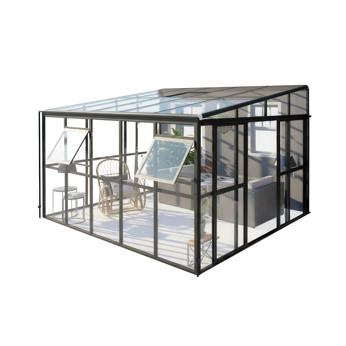 Oranżeria SOHO Black 364x290cm Solid PC + Glass - Gutroof, ogród zimowy przy domu, aranżacja wśród roślin i kwiatów