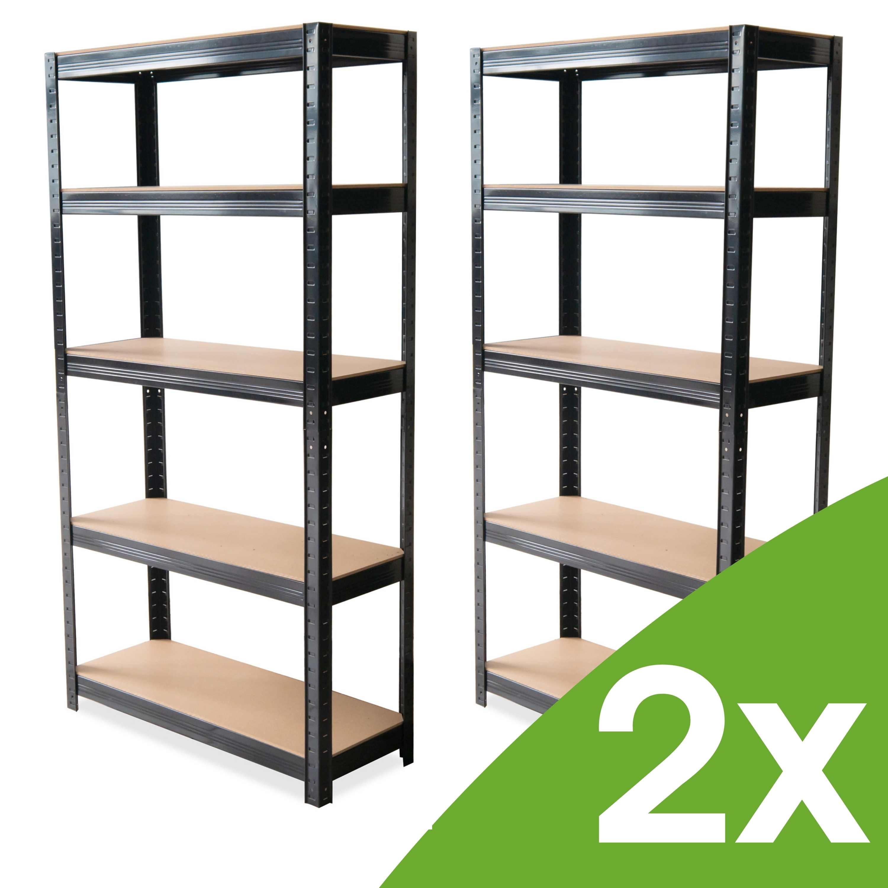 Zestaw dwóch regałów warsztatowych Hardmaister 180x90x40cm z czarnymi stelażami i półkami z płyty MDF w grafice z cechami produktu