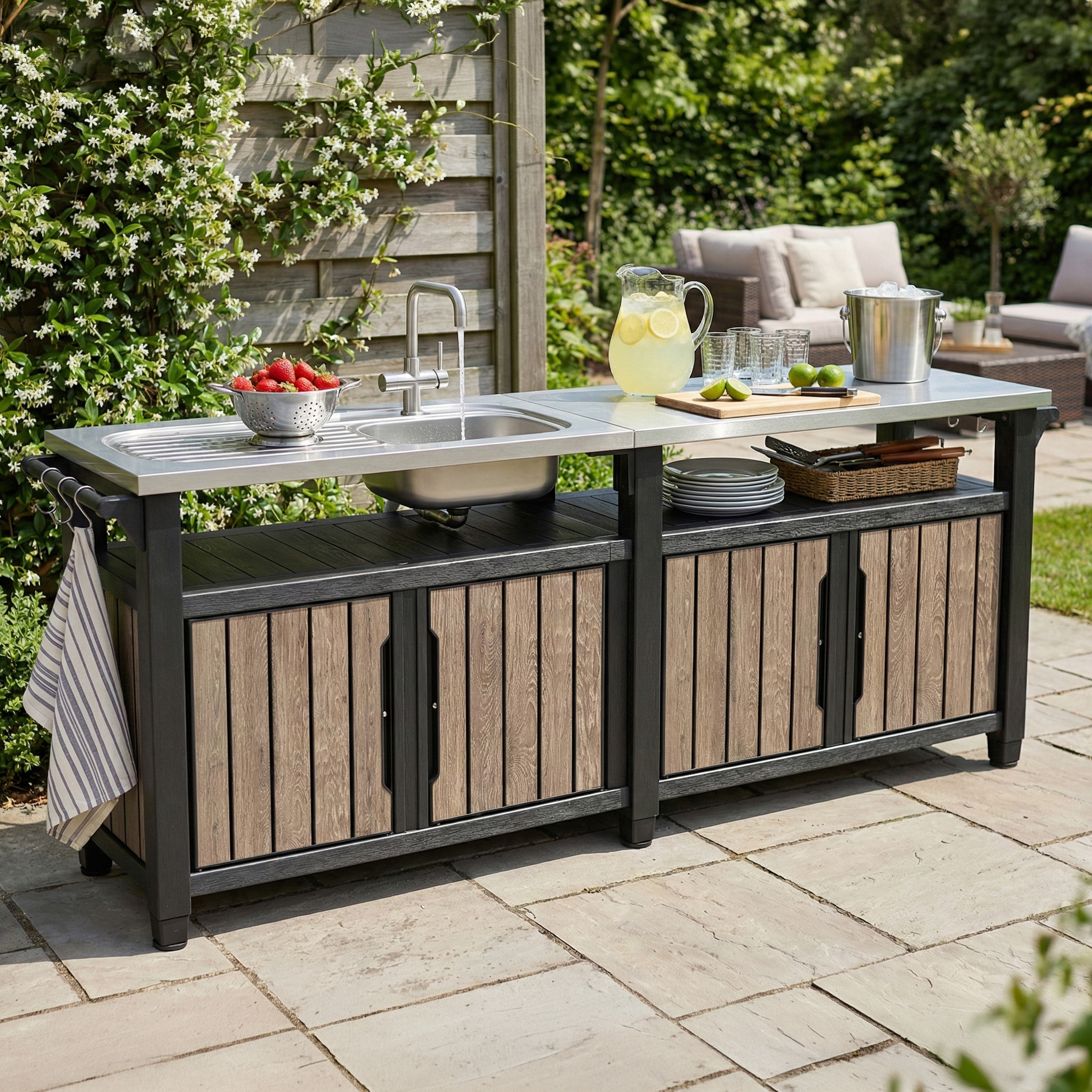 Barek ogrodowy Keter Deco Unity Chef 415L Ashwood z metalowym blatem i zlewem ustawiony na tarasie w ogrodzie