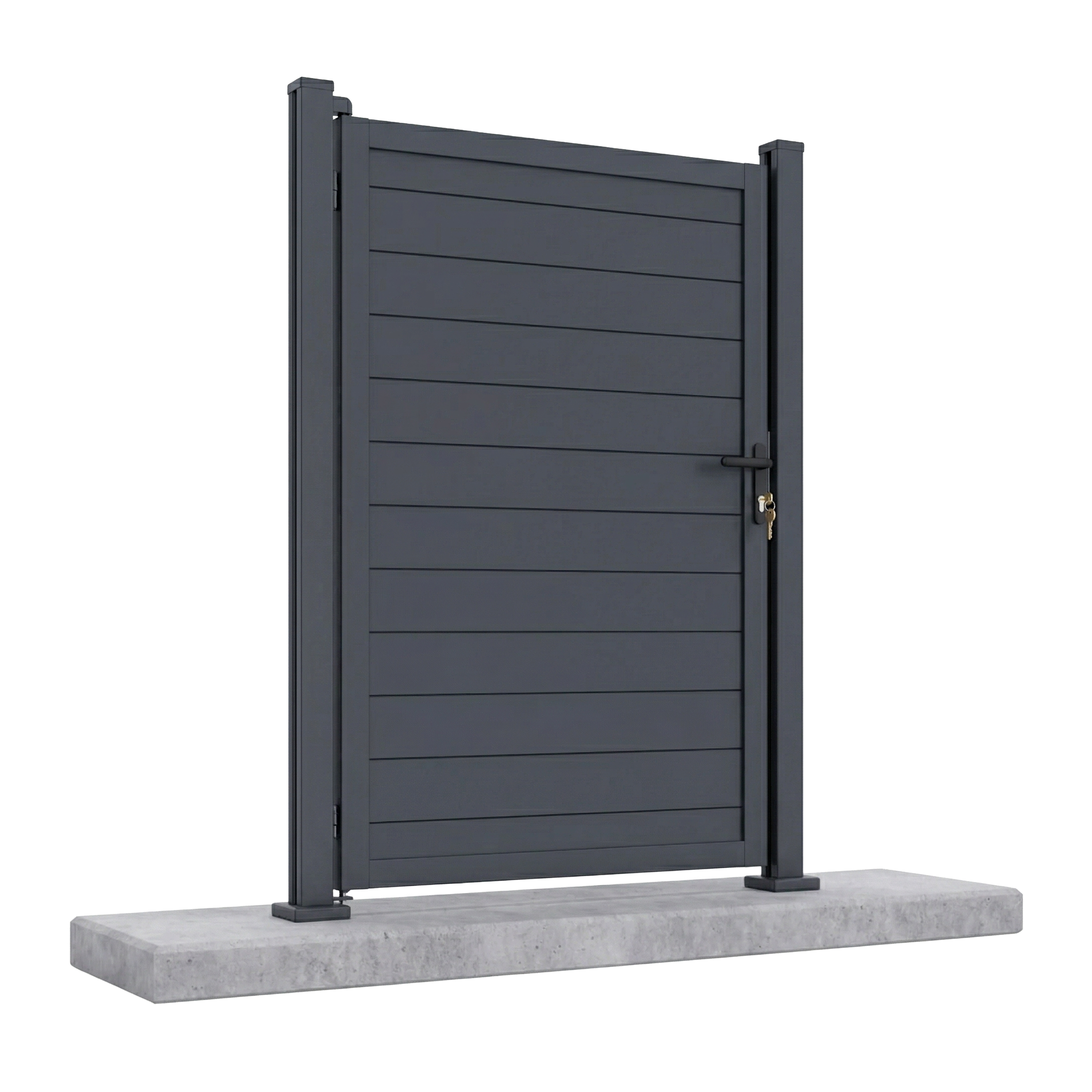 Furtka ogrodzeniowa URBAN/CITY Gutroof w kolorze antracytowym na betonowym postumencie z kluczem w zamku