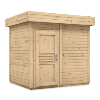 Sauna ogrodowa drewniana w kolorze naturalnym – nowoczesna kabina z pełnymi ścianami i drzwiami z poziomymi zdobieniami