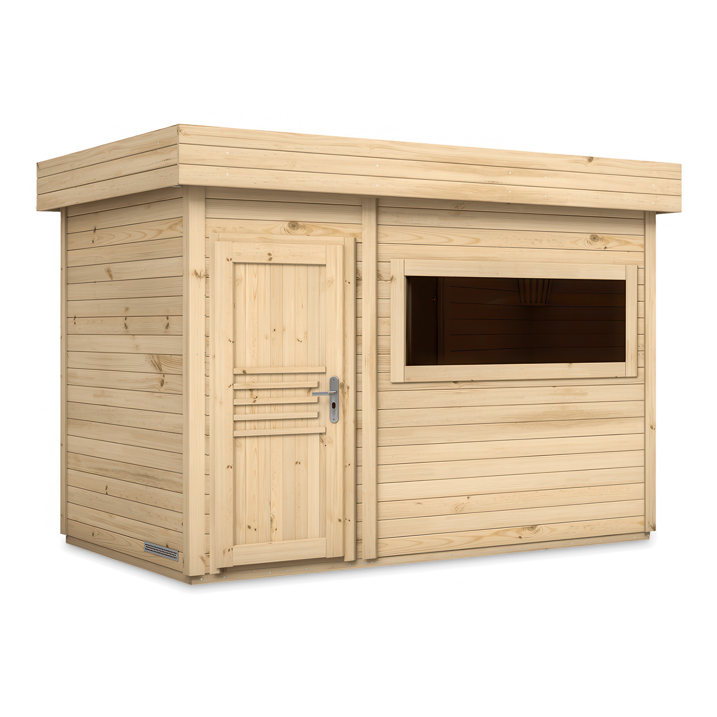 sauna ogrodowa z płaskim dachem, drzwiami drewnianymi i dużym panoramicznym oknem, kolor naturalne drewno