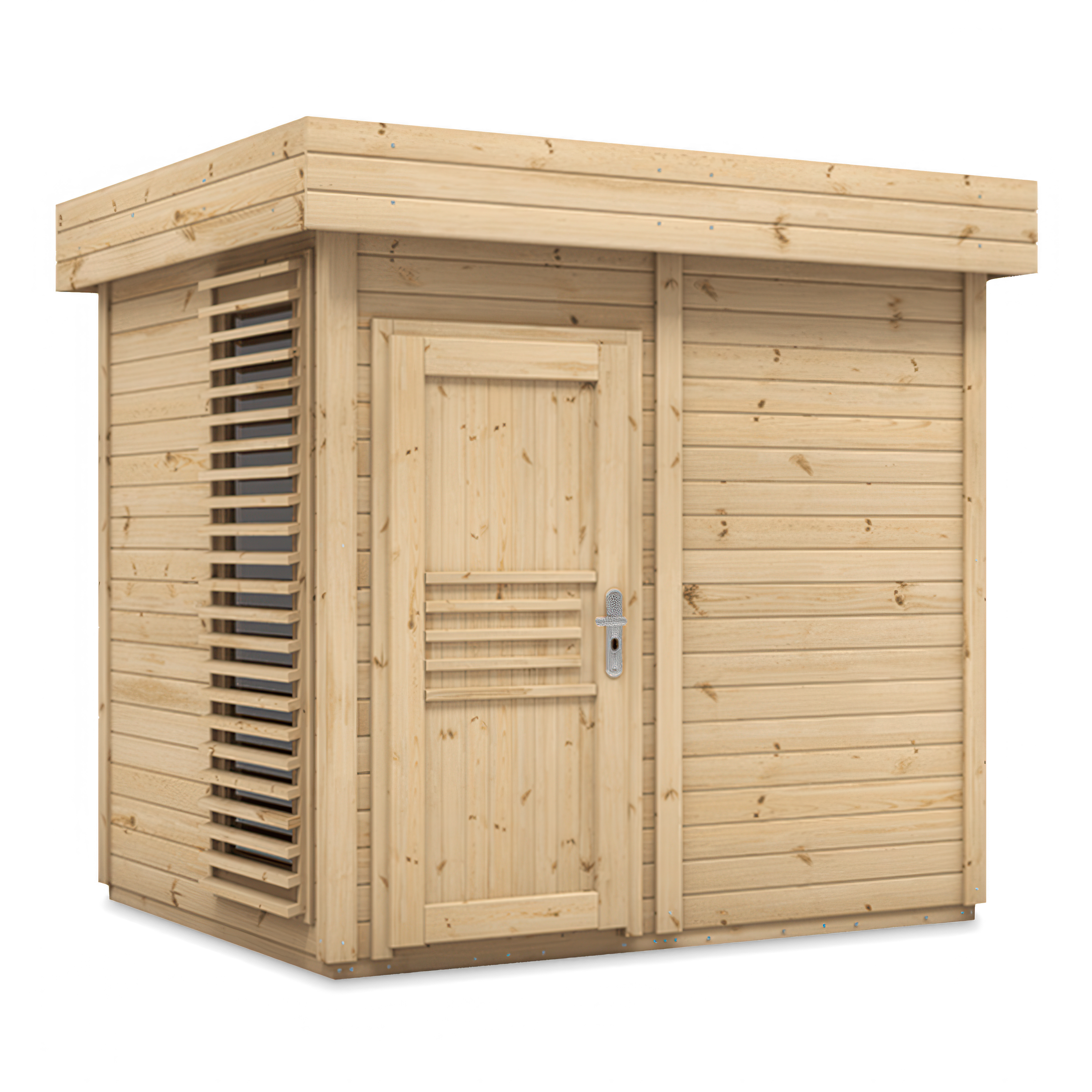 Sauna ogrodowa w naturalnym kolorze drewna z ozdobnymi drzwiami i designerskimi pionowymi żaluzjami bocznymi