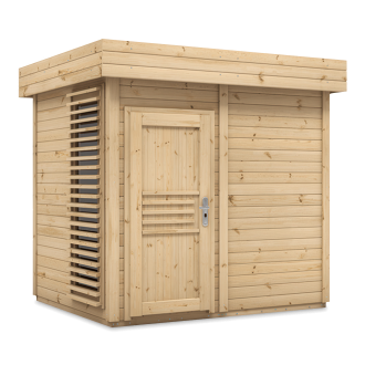Sauna ogrodowa w naturalnym kolorze drewna z ozdobnymi drzwiami i designerskimi pionowymi żaluzjami bocznymi