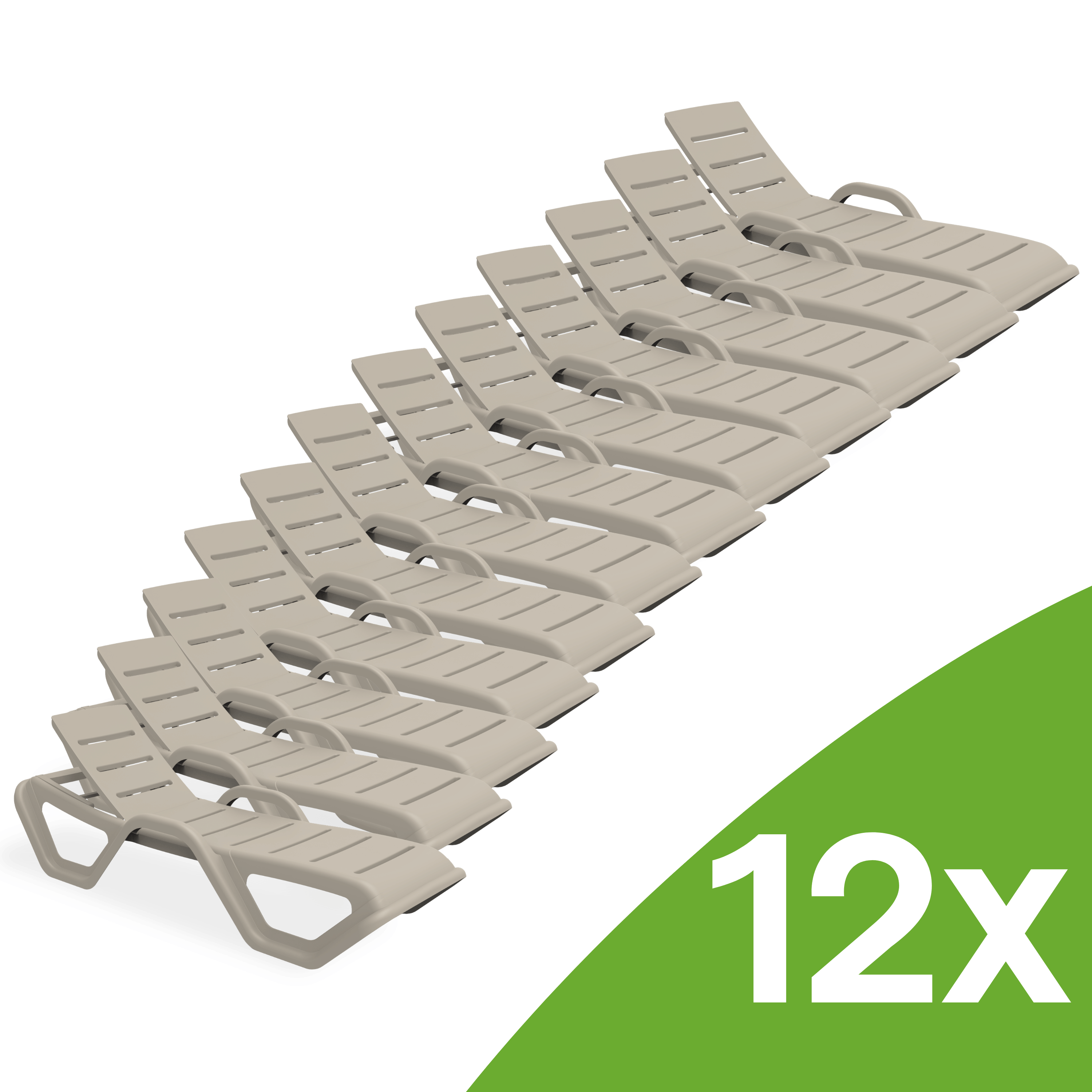 Komplet 12 leżaków basenowych MONOBLOCK Taupe New Bjorkka w kolorze taupe ułożonych jeden za drugim
