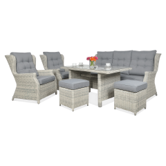 Meble technorattanowe TRIVENTO 3 DINING z pufami White Grey – zestaw 2 foteli, sofę, stół i 2 pufy z poduszkami
