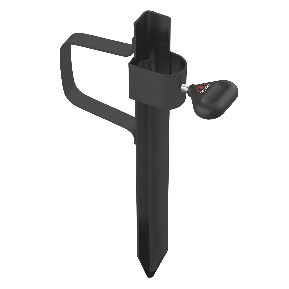 Czarny metalowy szpikulec wbijany w trawę służący do zamocowania parasola Doppler