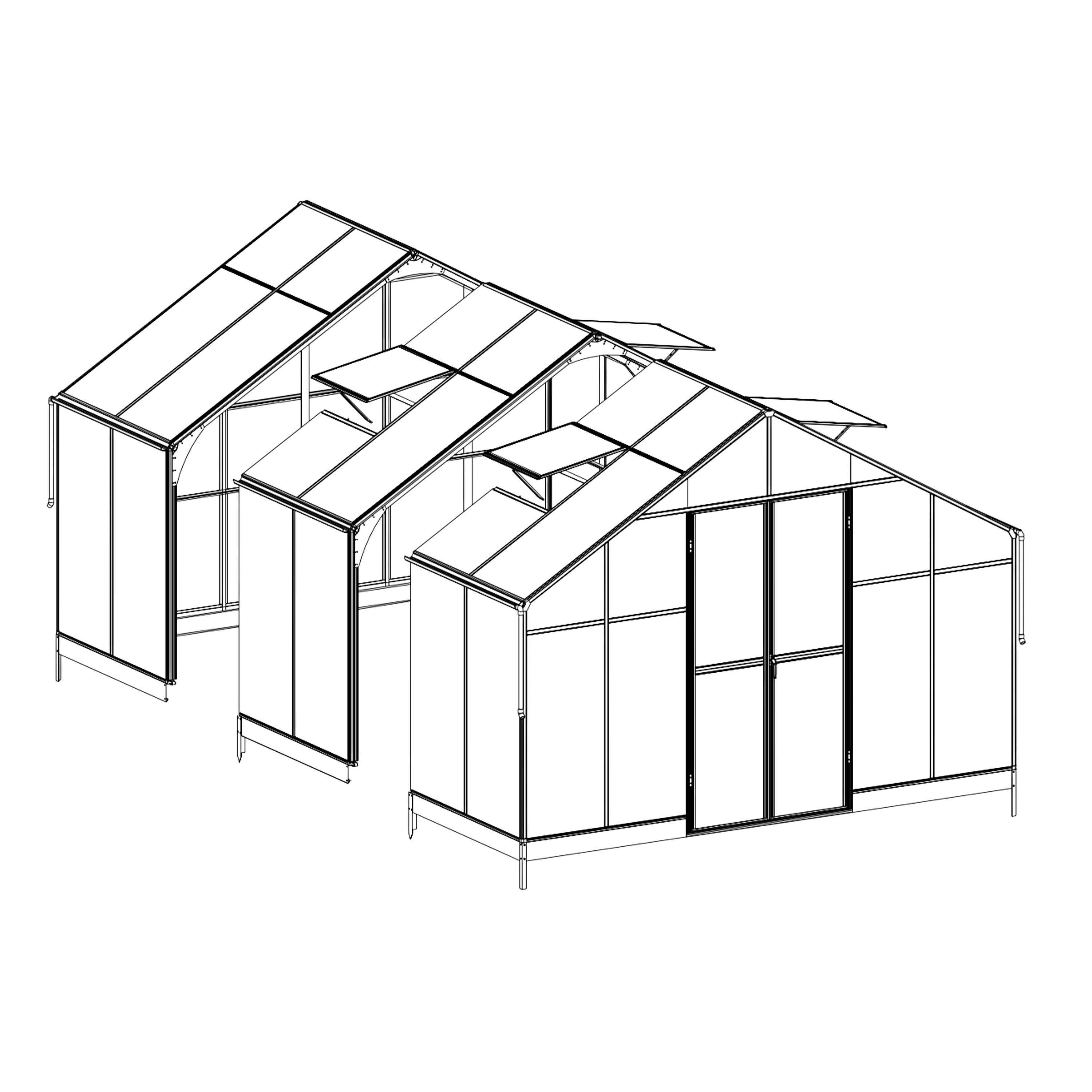 Rysunek techniczny modułu przedłużającego szklarnię SOLID PC 137x354cm Cultivo z uchylnymi oknami