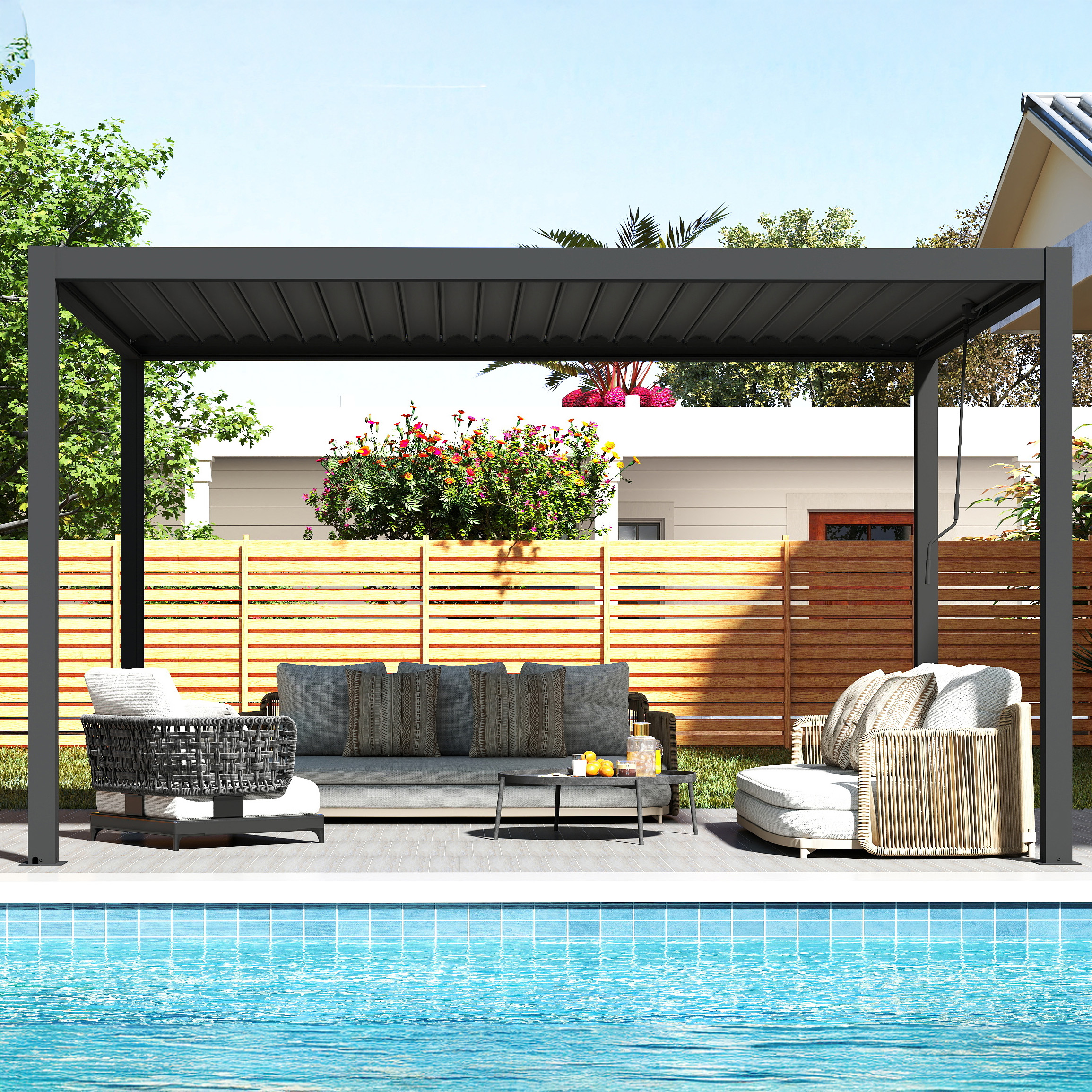 Pergola ogrodowa tarasowa 3x4 PRIMARY Anthracite Gutroof w aranżacji wypoczynkowej przy basenie