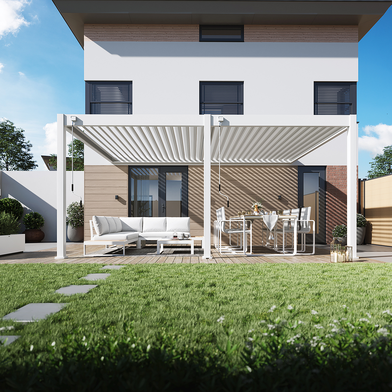 Widok od przodu na odporną na niekorzystne warunki atmosferyczne pergole przyścienną Deluxe Wall o wymiarach 3.6x5.3m w kolorze białym w tle nowoczesny dom 
