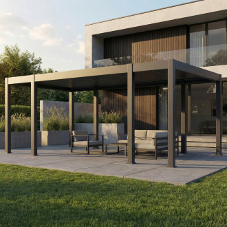 Pergola tarasowa REFERENCE AUTOMATIC 3.6x6.57 antracytowa z oświetleniem LED aranżacja z sofą i fotelem