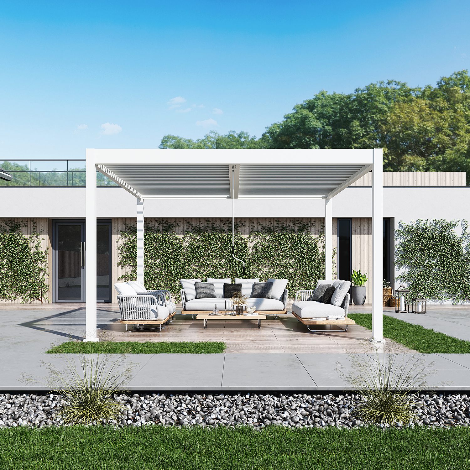 Pergola tarasowa ELEGANCE DUO 4x4 White - Gutroof wkomponowana w ogrodową przestrzeń wypoczynkową.