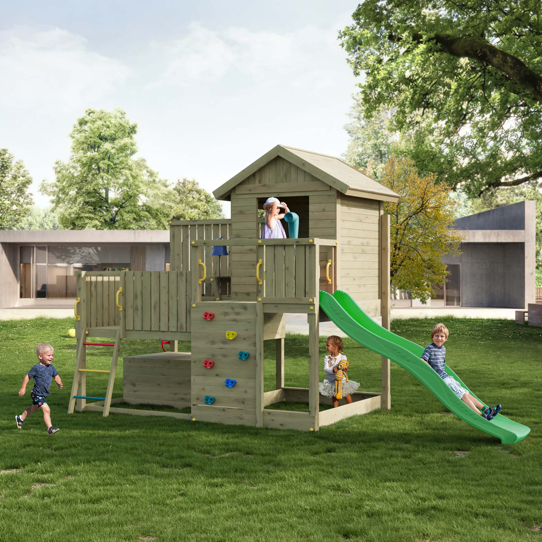 Drewniany plac zabaw dla dzieci Fungoo Sweet House z zieloną zjeżdżalnią i ścianką wspinaczkową