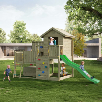 Drewniany plac zabaw dla dzieci Fungoo Sweet House z zieloną zjeżdżalnią i ścianką wspinaczkową