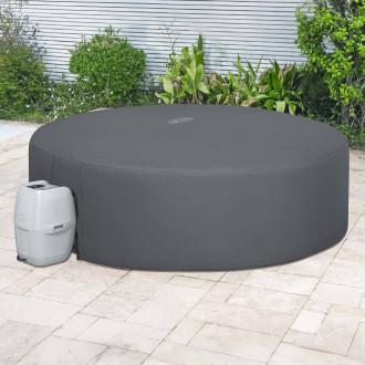 Szary pokrowiec termiczny LAY-Z-SPA ENERGYSENSE 2.43 x 70 cm Bestway na jacuzzi otoczony zielenią