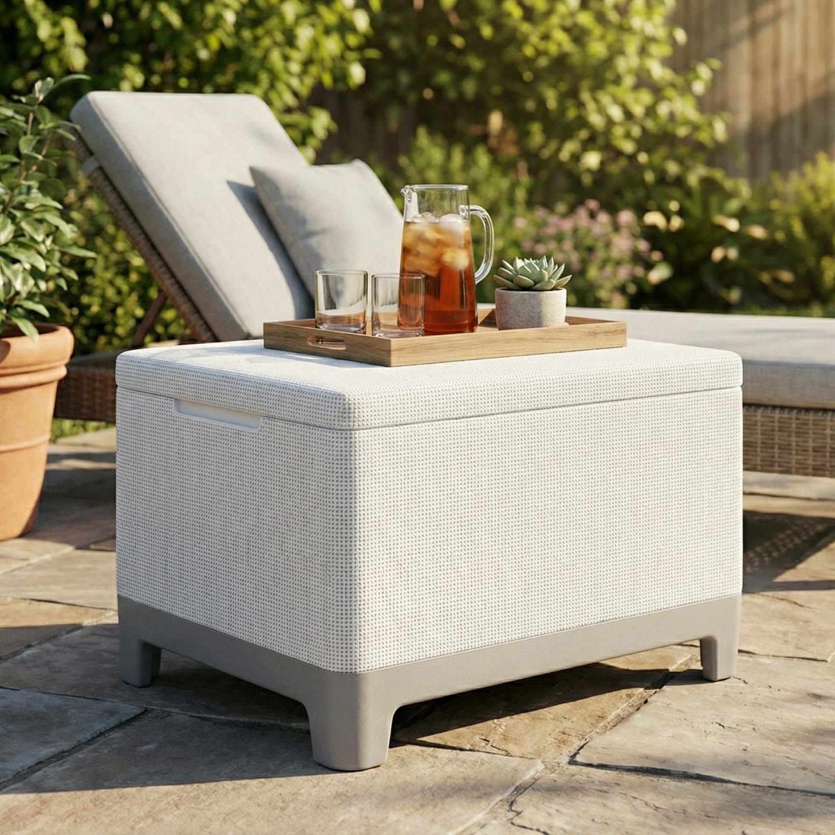 Stolik Scandi storage table Keter w kolorze popielato-beżowym w aranżacji ogrodowej z tacą i napojami na blacie