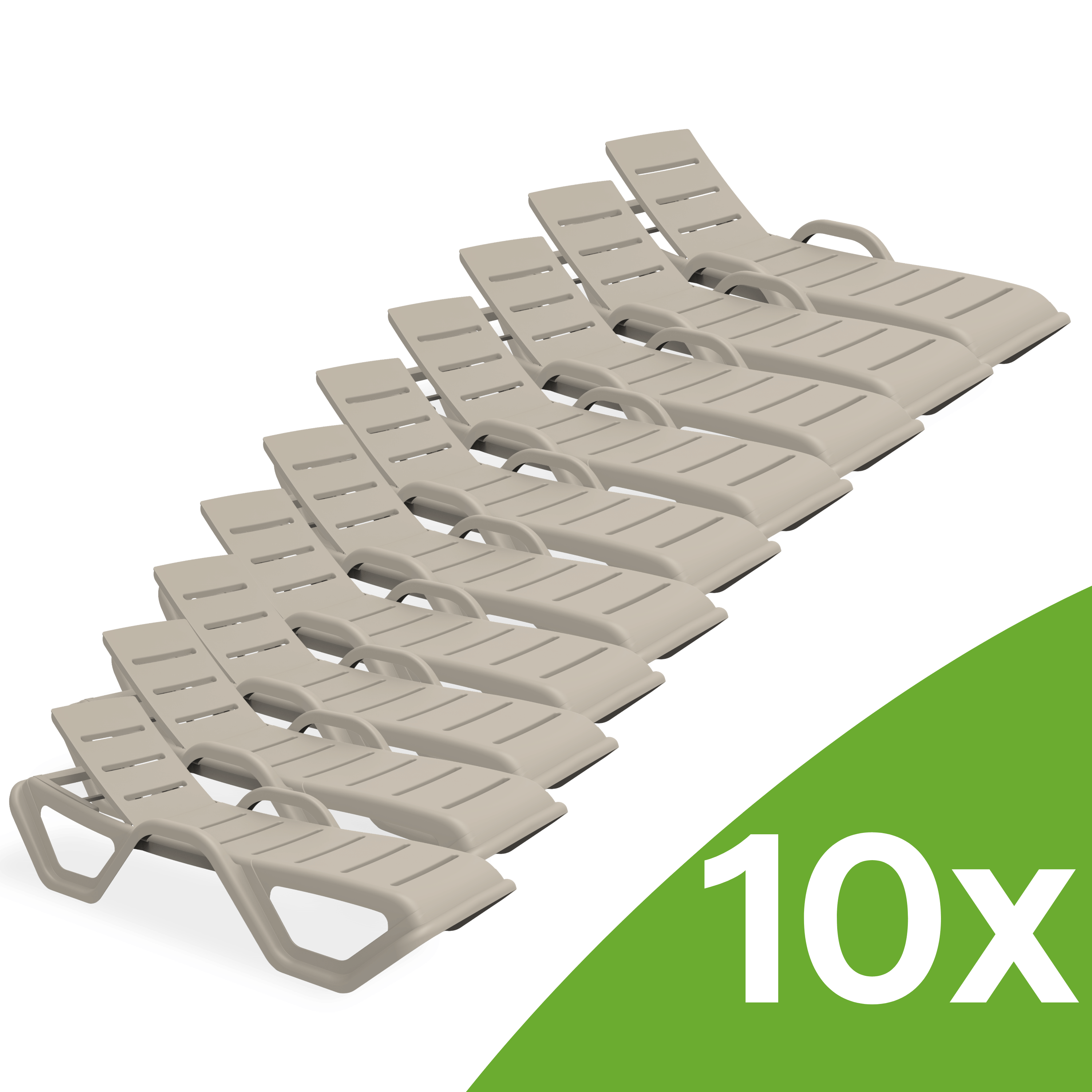 Zestaw 10 beżowych leżaków tarasowych MONOBLOCK Taupe New Bjorkka zrelaksowanych obok siebie