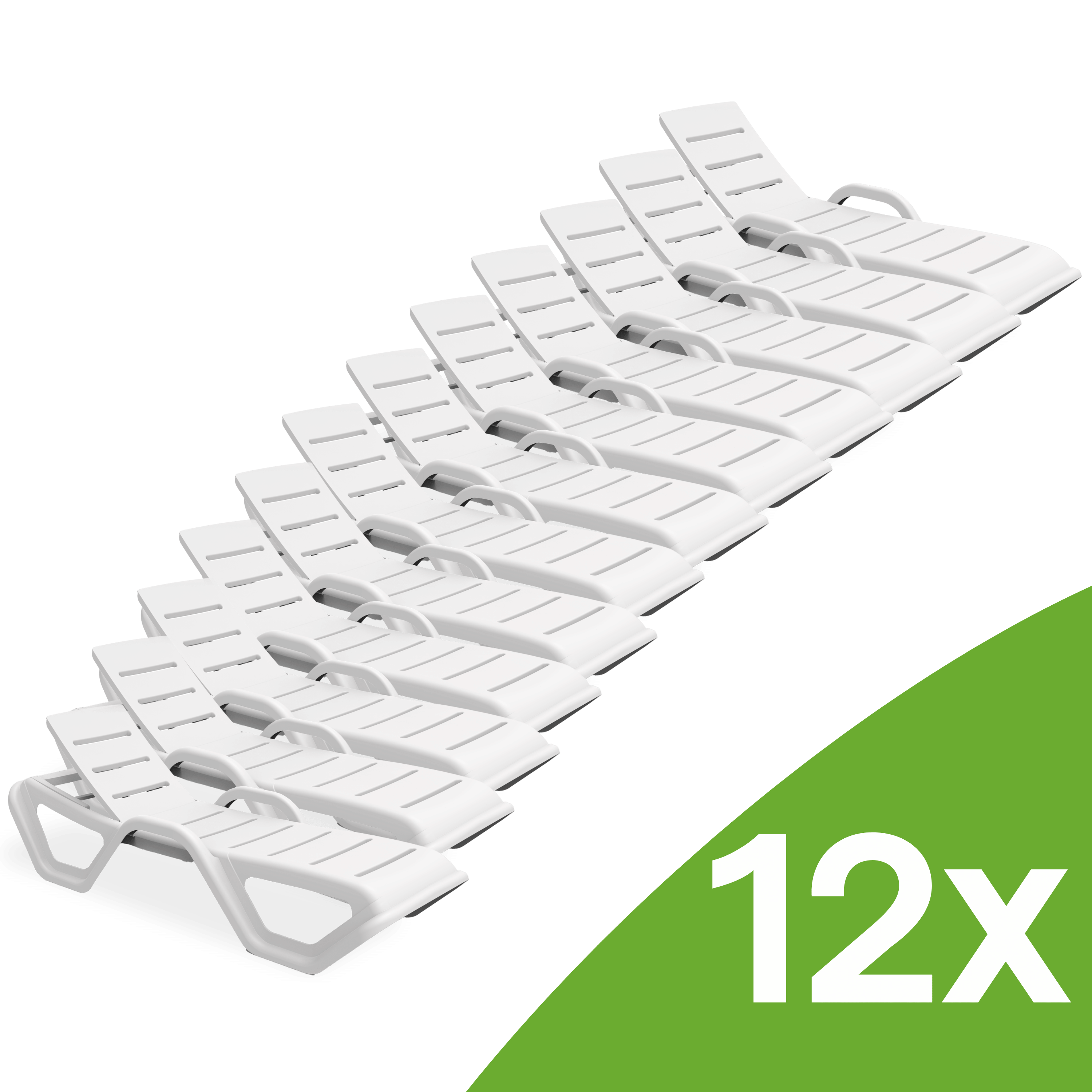 Zestaw 12 białych leżaków tarasowych MONOBLOCK White New od Bjørkka ułożonych jeden za drugim