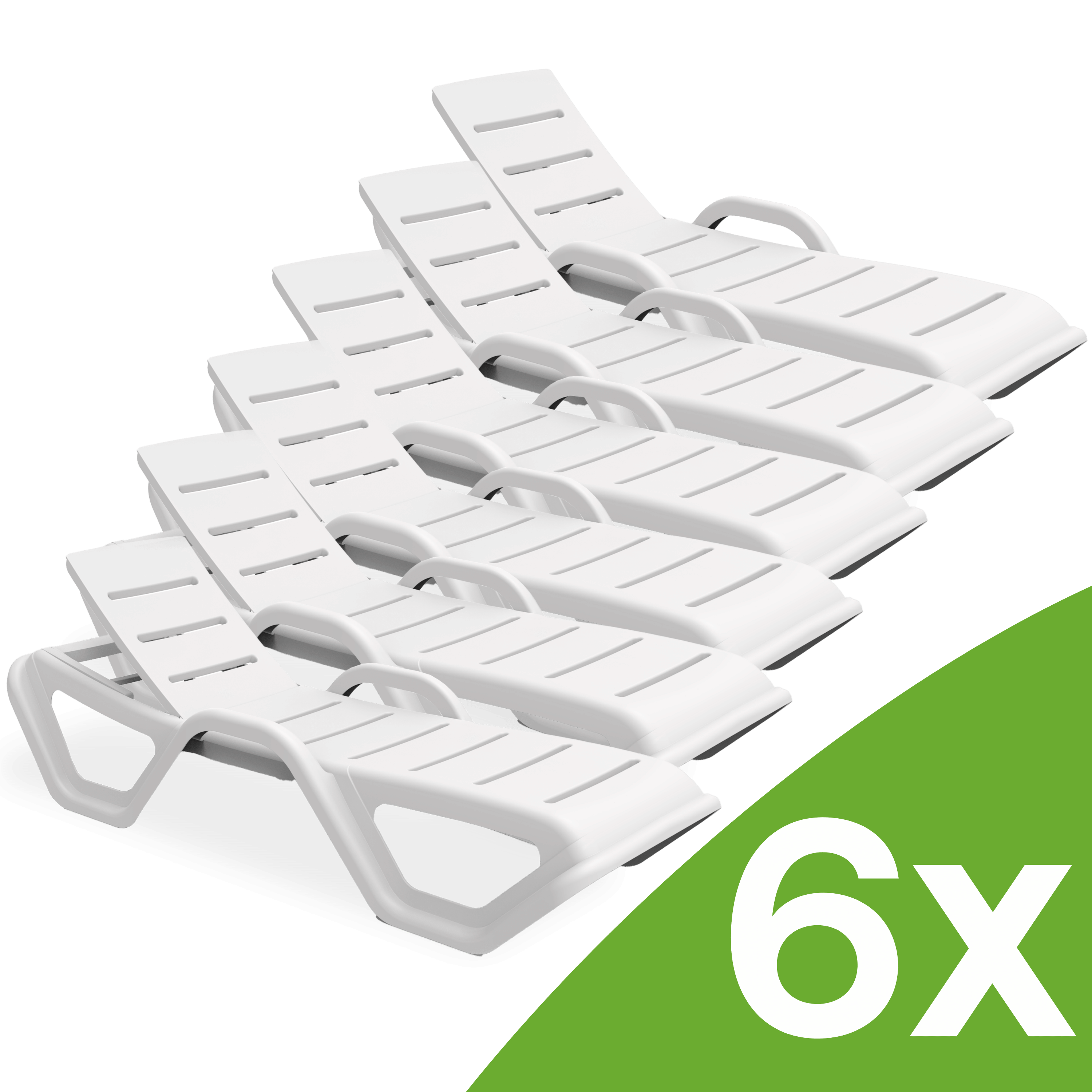 Zestaw 6 białych leżaków ogrodowych MONOBLOCK White New Bjorkka ustawionych jeden za drugim