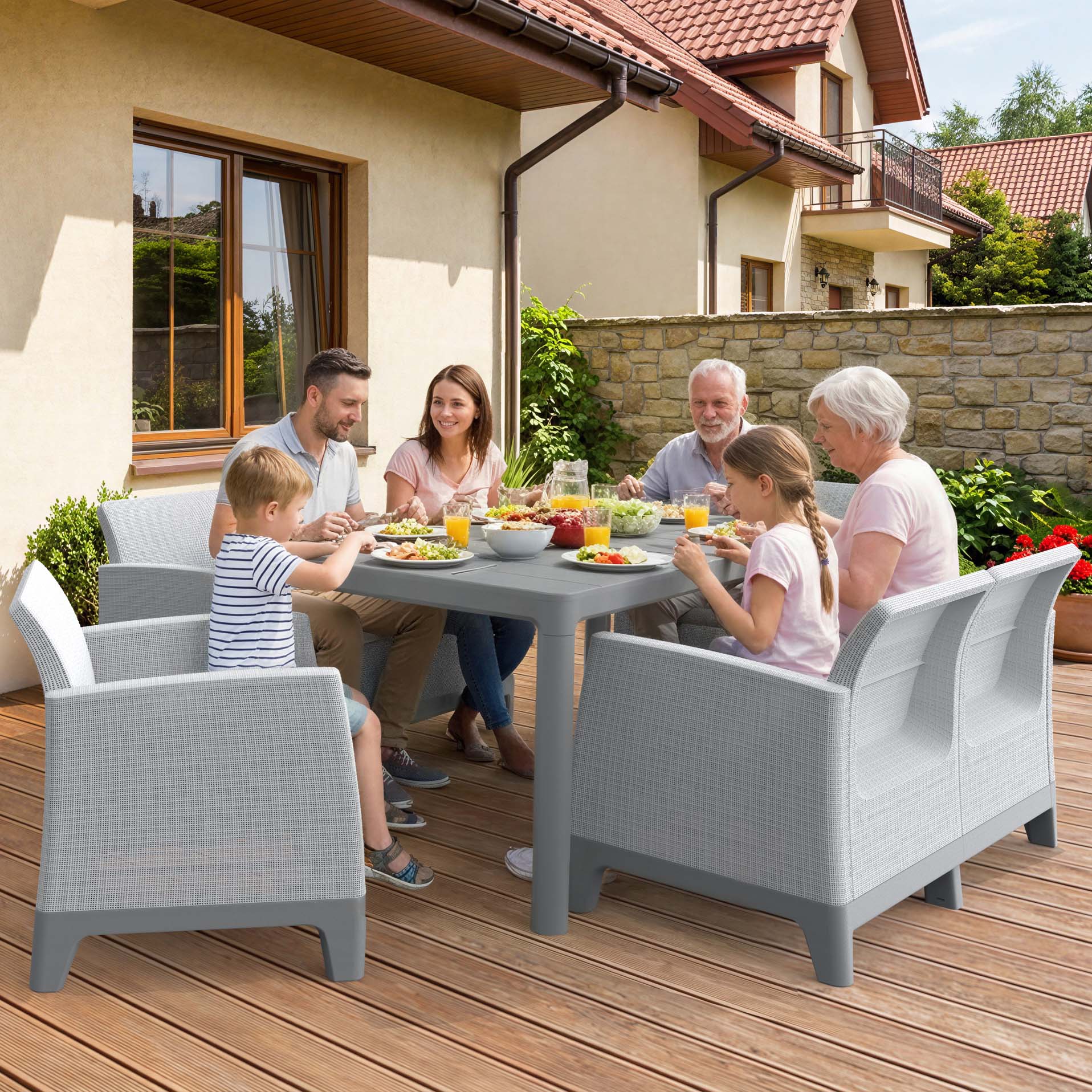 Zestaw mebli ogrodowych Keter SCANDI DINING FIESTA w kolorze Ash Grey-Storm Grey i Light Grey z siedmioma osobami
