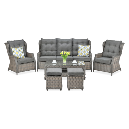 Zestaw technorattanowy TRIVENTO 3 + pufy Melange z szarymi poduszkami i stolikiem Details of the image: - The image shows a garden furniture set. - The set includes a three-seater sofa, two armchairs, a coffee table, and two ottomans. - All furniture piec