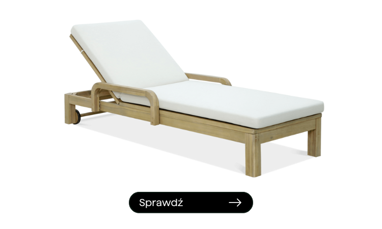 drewniany leżak z drzewa akacjowego z wygodnymi beżowymi poduszkami