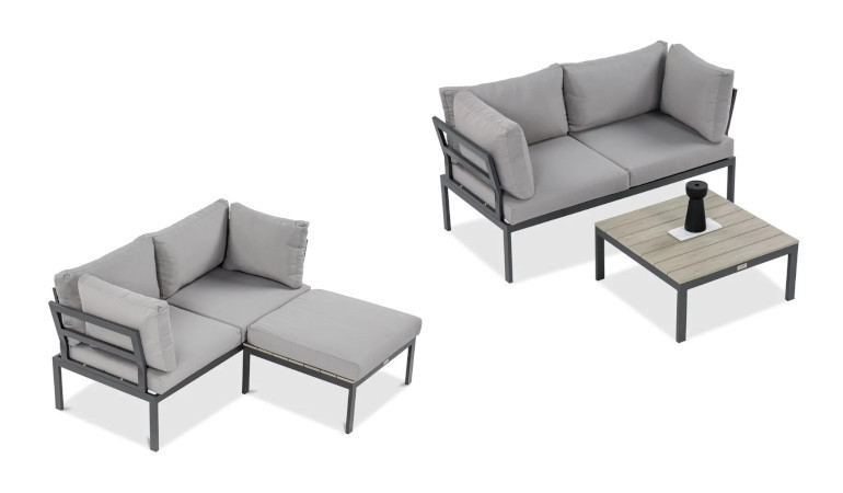 Zestaw ogrodowy JAVA Light Grey - FOCUS GARDEN w różnych wariantach ustawienia na białym tle